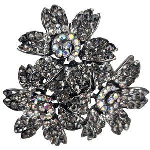 Silver Tone Bejeweled Flower Cocktail Ring Adjustable